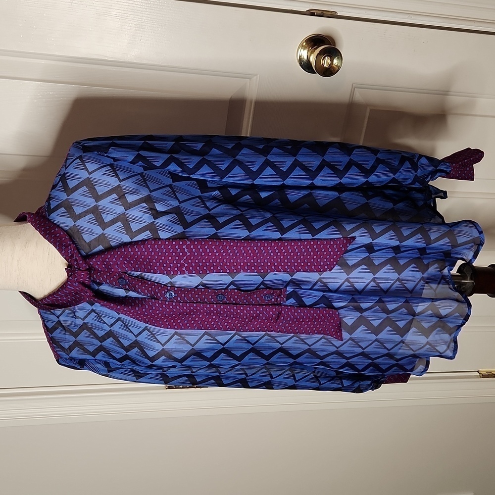 Hale Bob Blue and Purple Abstract Tie Neck Silk Top Size M - Picture 2 of 12